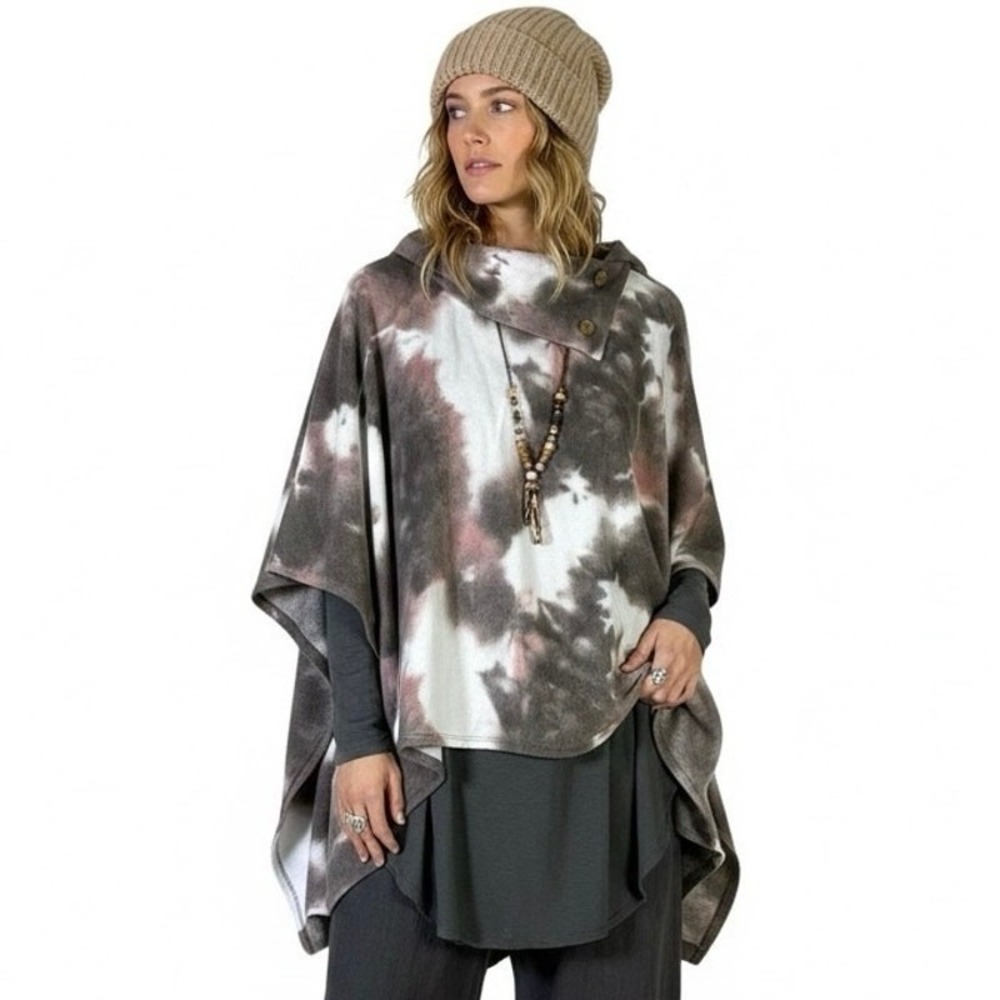 NWT Entro Mocha Tie Dye Poncho Brown Cowl Neck Asymmetrical Button Wrap Size S/M